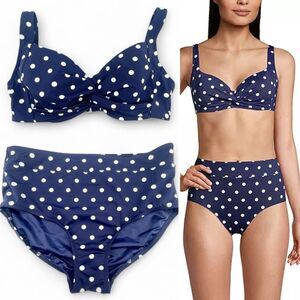 Lands’ End Blue Polka Dot Bikini Set Size 12 Sweetheart Top & High-Waist Bottoms